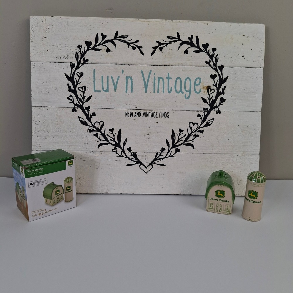 John Deere Barn and Silo Salt Pepper Shaker Set Stoneware Green Cream New in Box